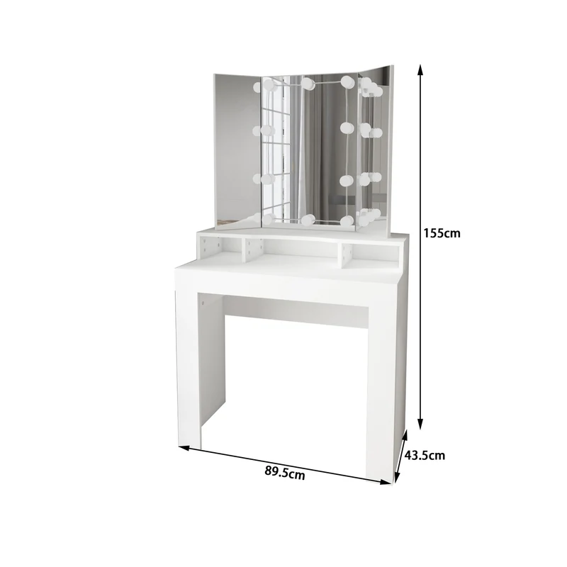 Schminktisch Frisiertisch 89,5x155x43,5 cm in Weiß mit LED Beleuchtung 3-tlg, Spiegel, Schublade & Hocker Drehbar ML-Design