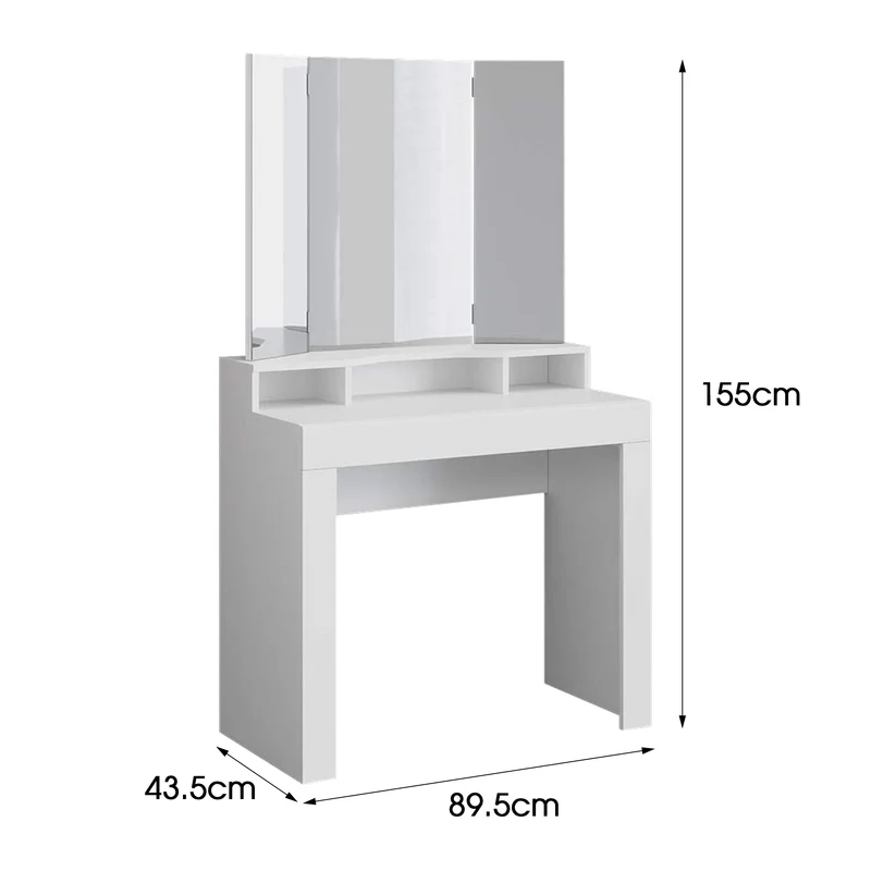 Schminktisch Frisiertisch 89,5x155x43,5 cm in Weiß mit Spiegel 3-tlg & 3 Ablagen ML-Design
