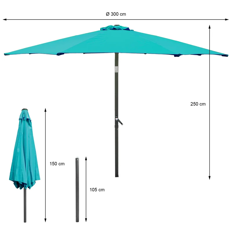 Sonnenschirm mit LED-Solar und Kurbel türkis Ø 300 cm aus Aluminium und Polyester