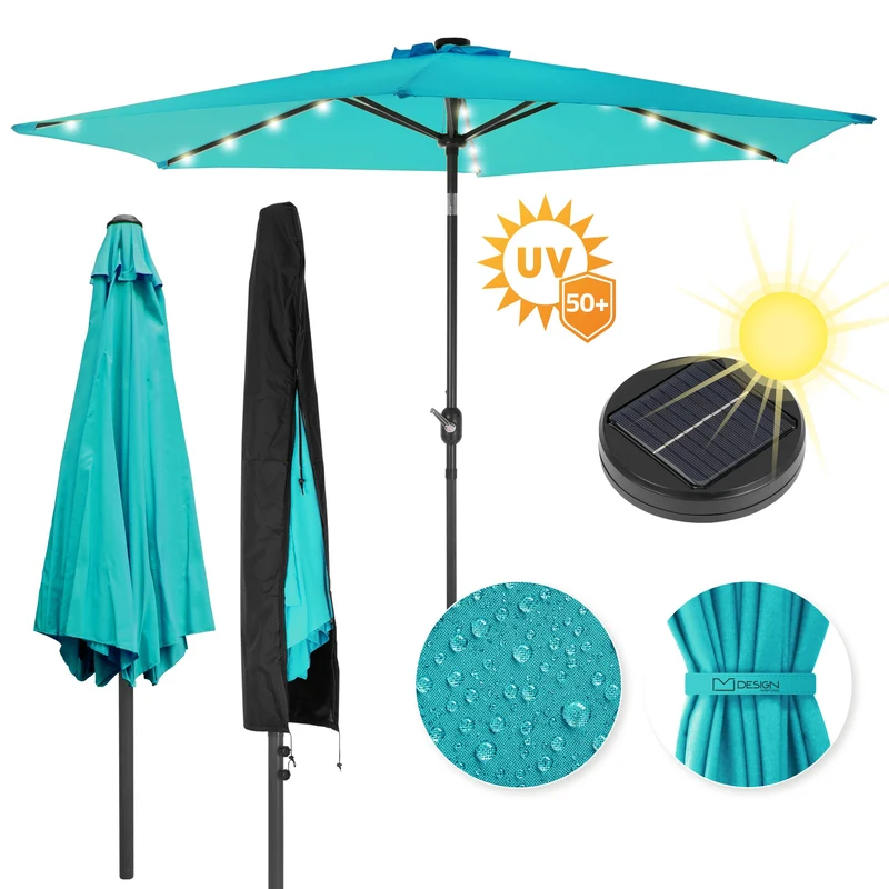 Sonnenschirm mit LED-Solar und Kurbel türkis Ø 300 cm aus Aluminium und Polyester