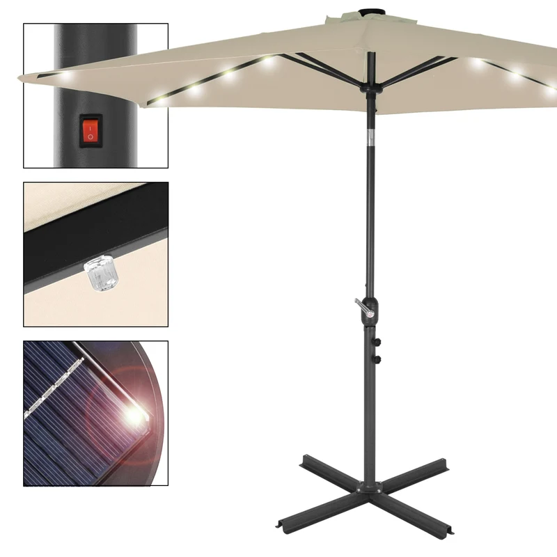 Sonnenschirm mit LED-Solar und Kurbel Creme Ø 300 cm aus Aluminium und Polyester