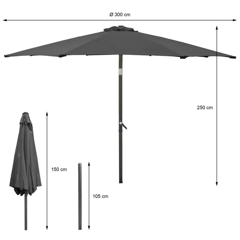 Sonnenschirm mit LED-Solar und Kurbel, anthrazit, Ø 300 cm, aus Aluminium und Polyester