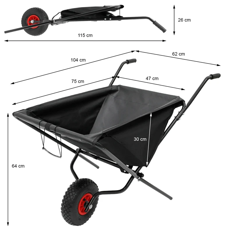 Faltbare Schubkarre 56L 104x62x64 cm belastbar bis 30 kg Rohre aus Stahl und Wanne aus Nylon