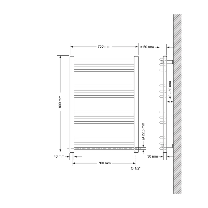 Elektrischer Badheizkörper mit Heizstab 300W 750x800 mm Anthrazit gebogen mit Seitenanschluss LuxeBath