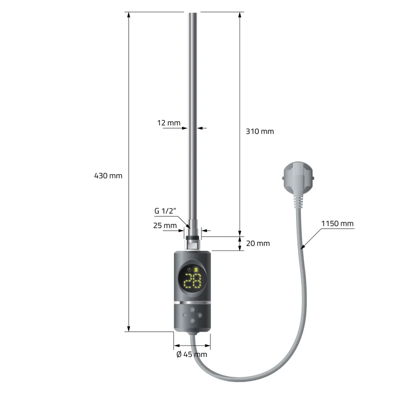 Elektrischer Badheizkörper mit Heizstab 300W 750x800 mm Anthrazit gebogen mit Seitenanschluss LuxeBath
