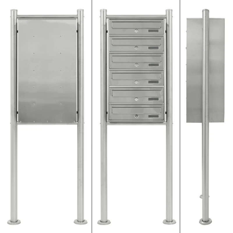 Briefkastenanlage mit Standfuß 6 Fach silber, 50x150x27 cm, aus Edelstahl