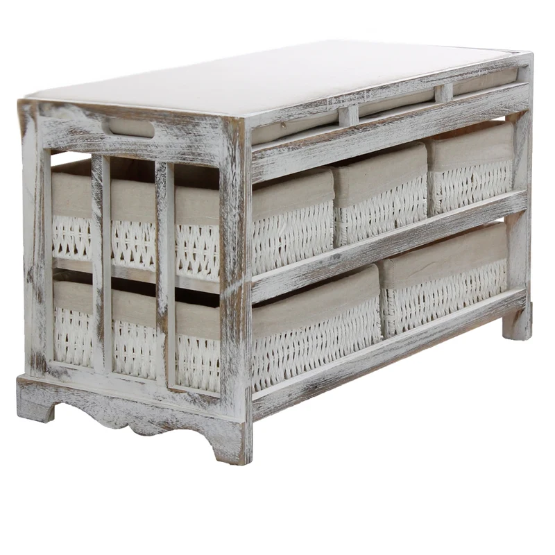 Sitzkommmode mit 5 Körben 78x36x45 cm Weiss aus Paulownia Holz
