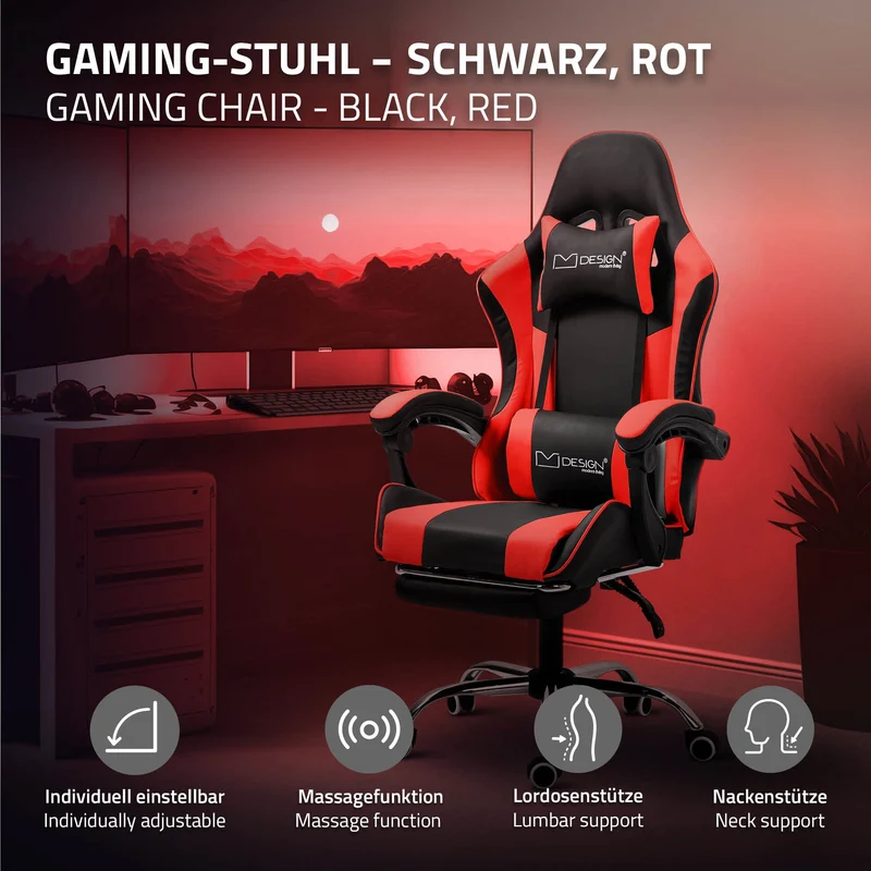 Massage Gaming Stuhl Schwarz/Rot aus PU-Leder ML-Design