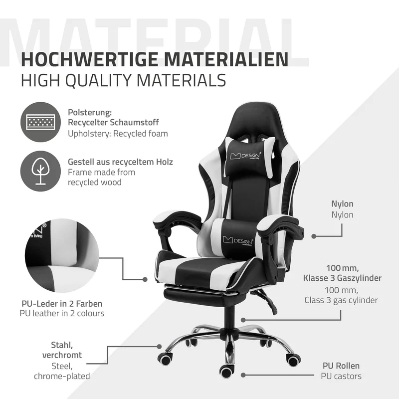 Massage Gaming Stuhl Schwarz/Weiß aus PU-Leder ML-Design