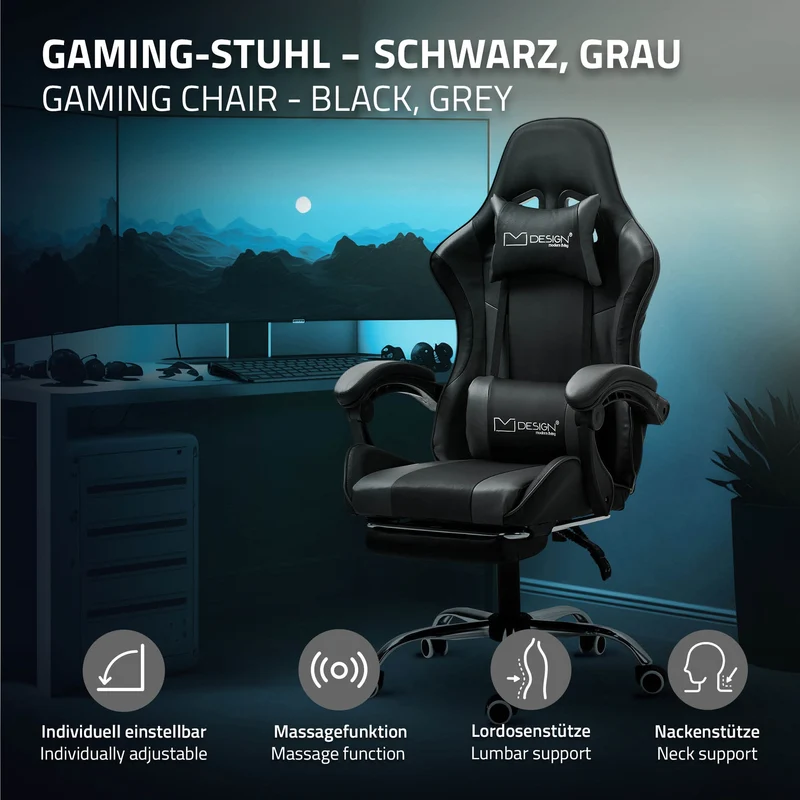 Massage Gaming Stuhl Schwarz/Grau aus PU-Leder ML-Design
