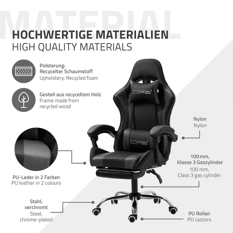 Massage Gaming Stuhl Schwarz/Grau aus PU-Leder ML-Design