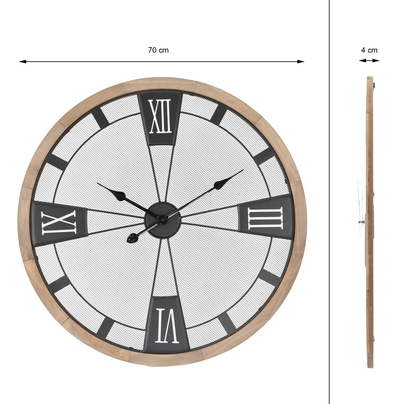 Große Wanduhr Ø 70 cm Pinienoptik aus MDF mit römischen Ziffern