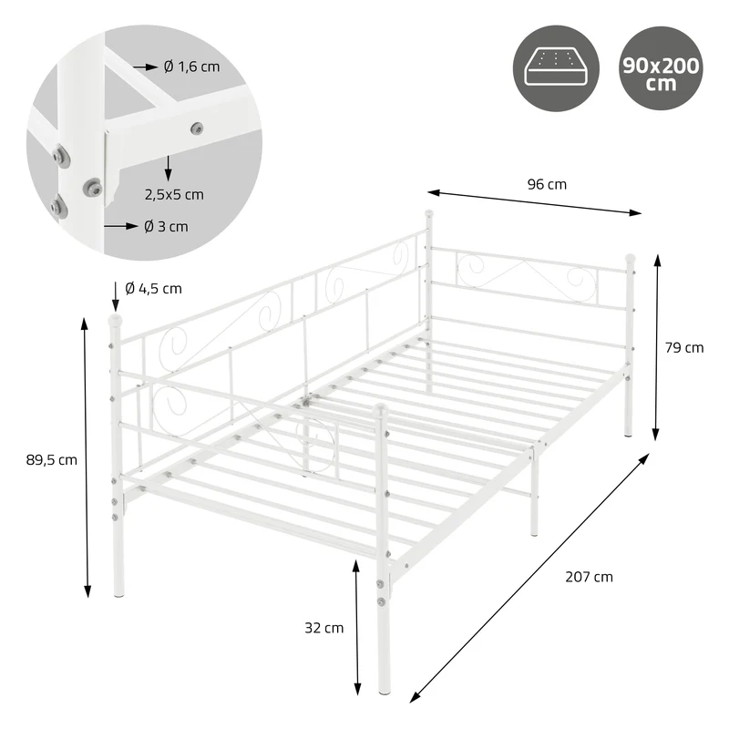 Bettgestell Einzelbett 90x200cm aus Metall in Weiß mit Seitenwand & Lattenrost ML-Design