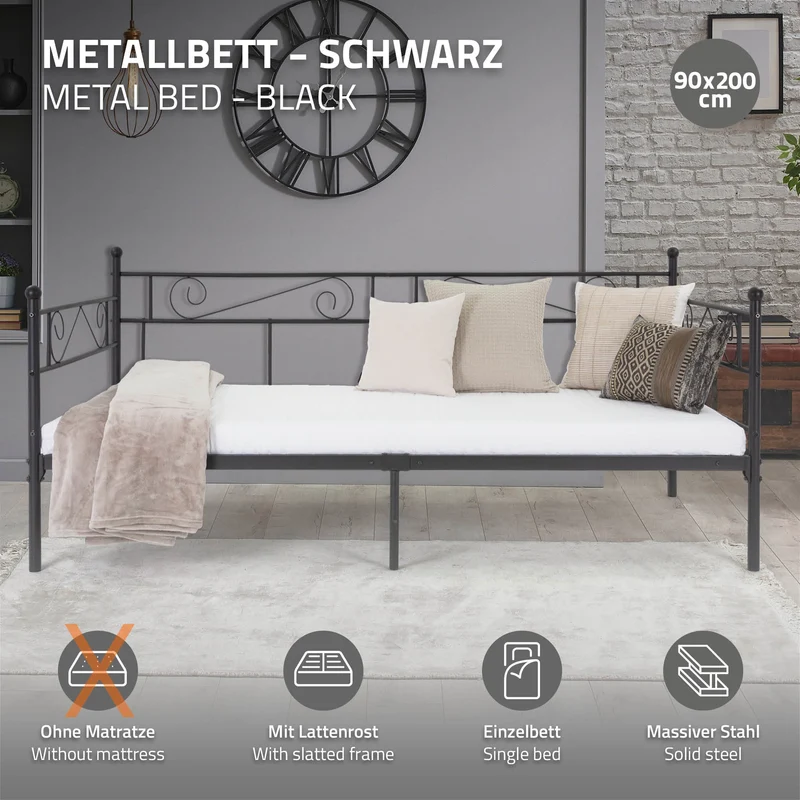 Bettgestell Einzelbett 90x200cm aus Metall in Schwarz mit Seitenwand & Lattenrost ML-Design