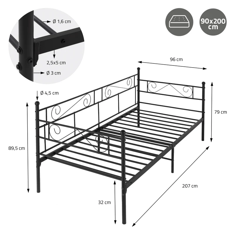 Bettgestell Einzelbett 90x200cm aus Metall in Schwarz mit Seitenwand & Lattenrost ML-Design