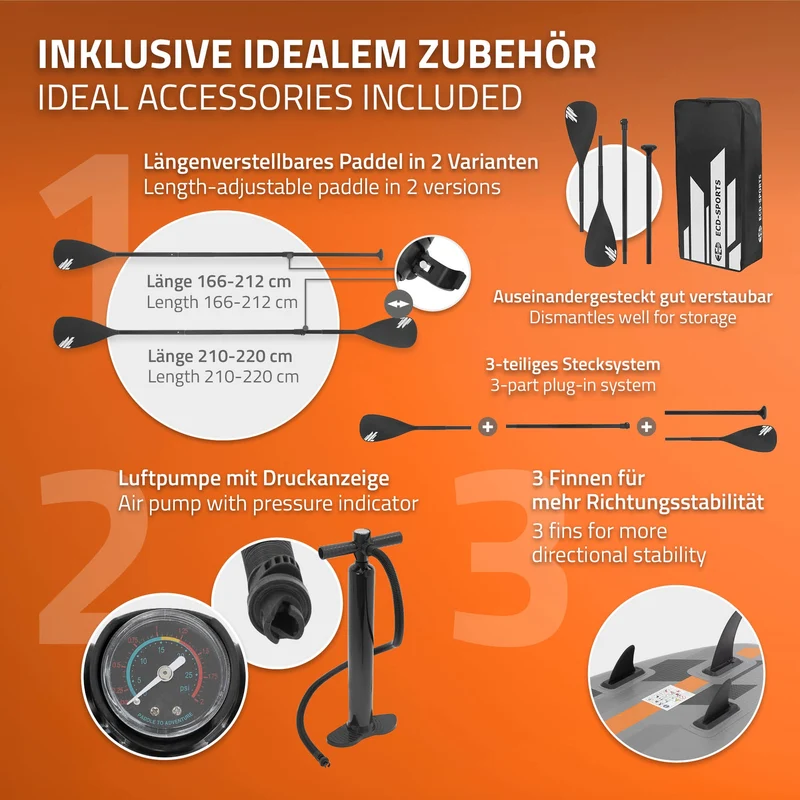 Stand Up Paddle aufblasbares SUP Board mit Kajak Sitz 320x82x15 cm in Grau/Orange aus PVC inkl. Pumpe und Tragetasche