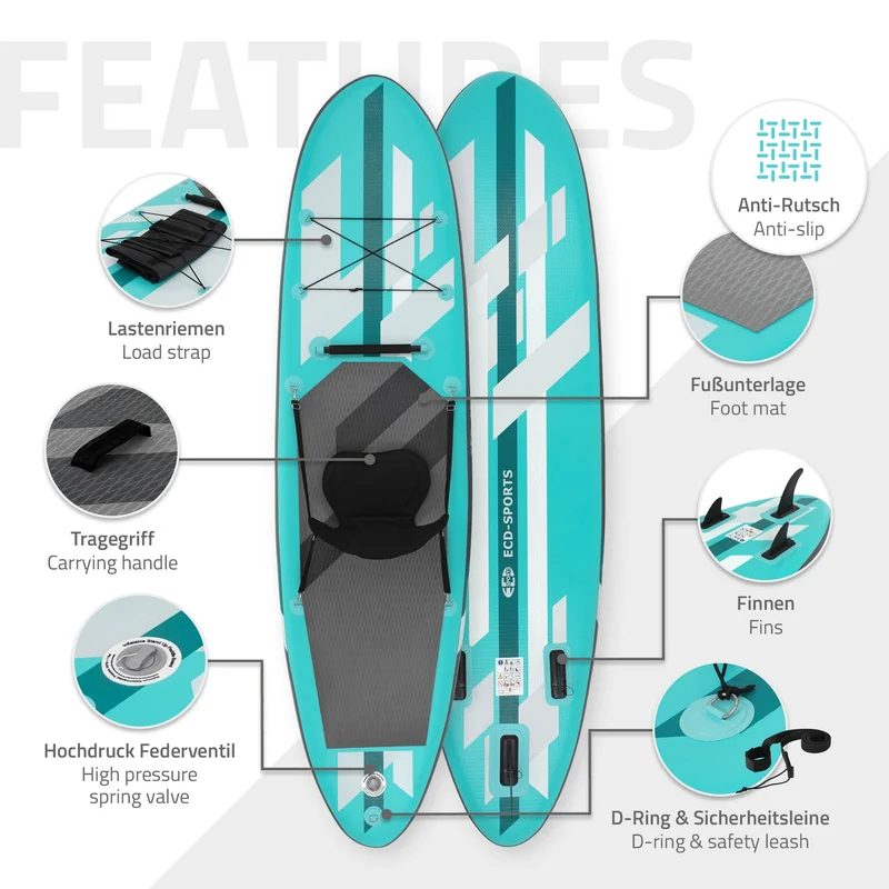 Stand Up Paddle aufblasbares SUP Board mit Kajak Sitz 320x82x15 cm in Türkis aus PVC inkl. Pumpe und Tragetasche
