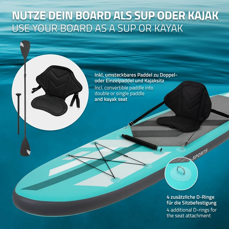 Stand Up Paddle aufblasbares SUP Board mit Kajak Sitz 320x82x15 cm in Türkis aus PVC inkl. Pumpe und Tragetasche
