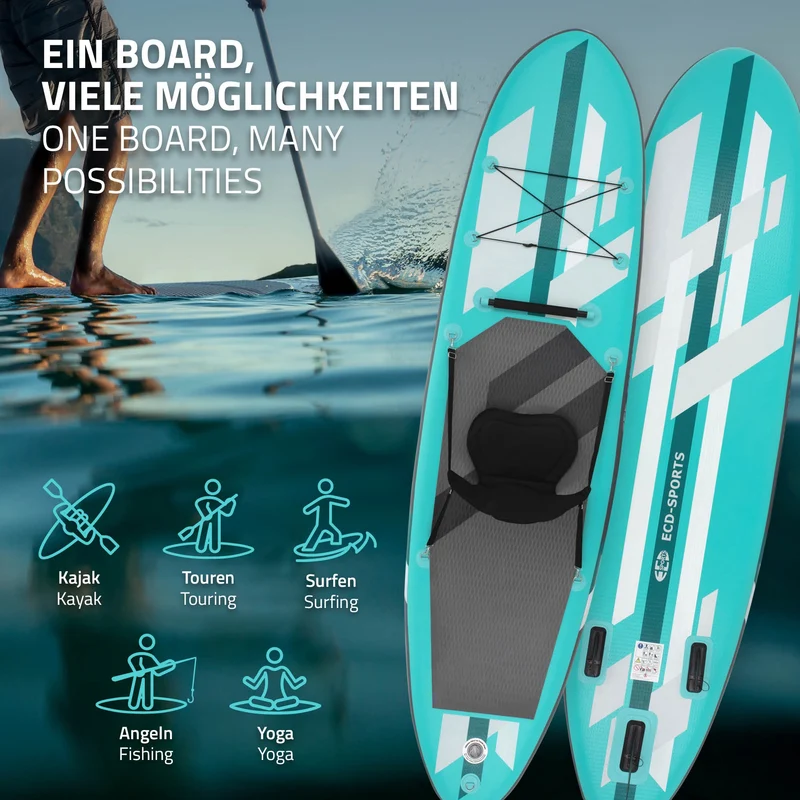 Stand Up Paddle aufblasbares SUP Board mit Kajak Sitz 320x82x15 cm in Türkis aus PVC inkl. Pumpe und Tragetasche