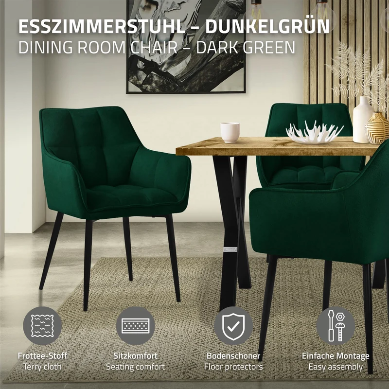 Esszimmerstuhl Dunkelgrün aus Frotteestoff mit dickem gepolsterter Sitz ML-Design