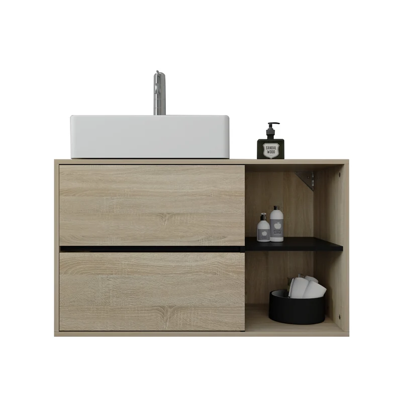 Waschbeckenunterschrank Badezimmerschrank 100x60x45,5 cm mit 2 Schubladen und Ablagen in Braun/Schwarz ML-Design
