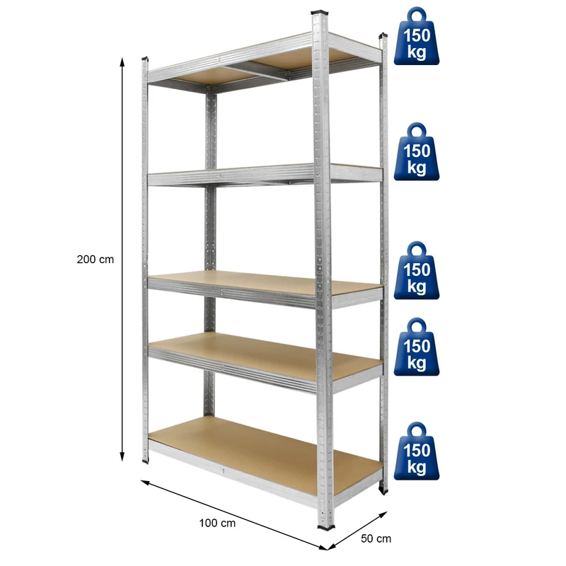 Werkstattregal 200x100x50 cm Silber aus MDF und Metall belastbar bis 750 kg