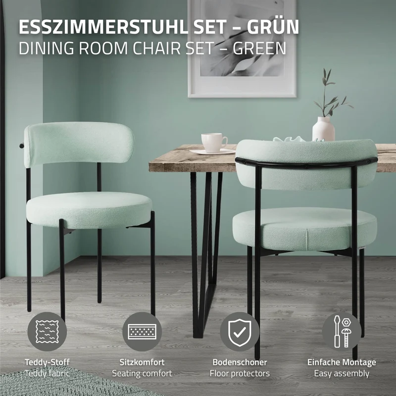Esszimmerstuhl 4er Set mit Teddystoff mit Rückenlehne Grün Küchenstuhl ML-Design