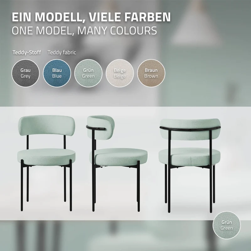 Esszimmerstuhl 4er Set mit Teddystoff mit Rückenlehne Grün Küchenstuhl ML-Design