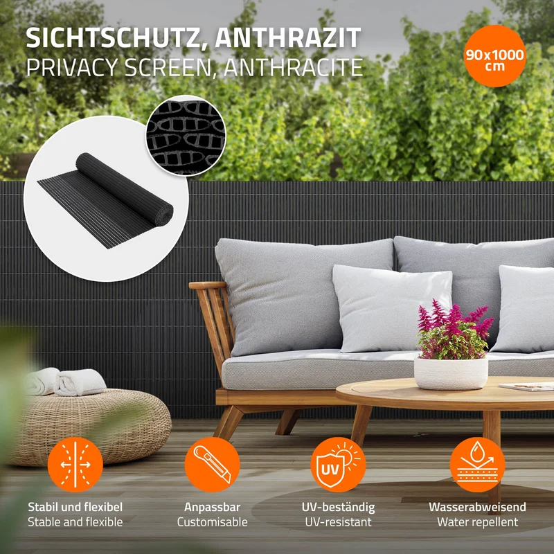 Sichtschutzmatte 90x1000 cm Sichtschutzzaun Windschutz Balkonschutz PVC Anthrazit UV-beständig