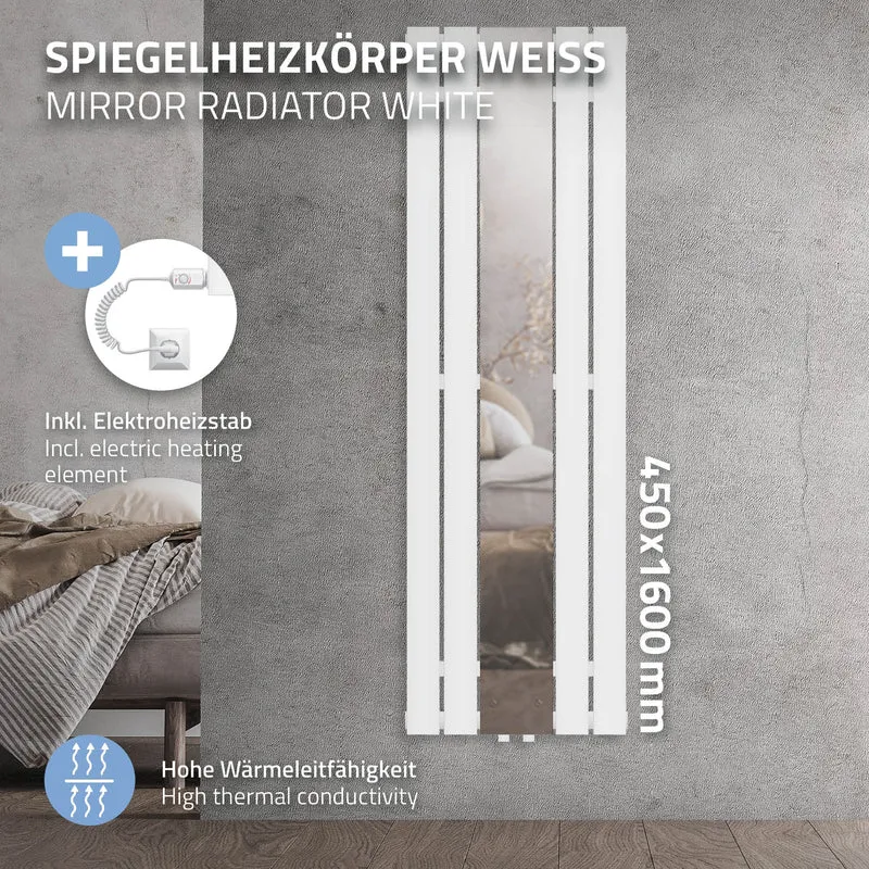 Badheizkörper Flach mit Spiegel und Heizstab 900W 1600x450 mm Weiß ML-Design