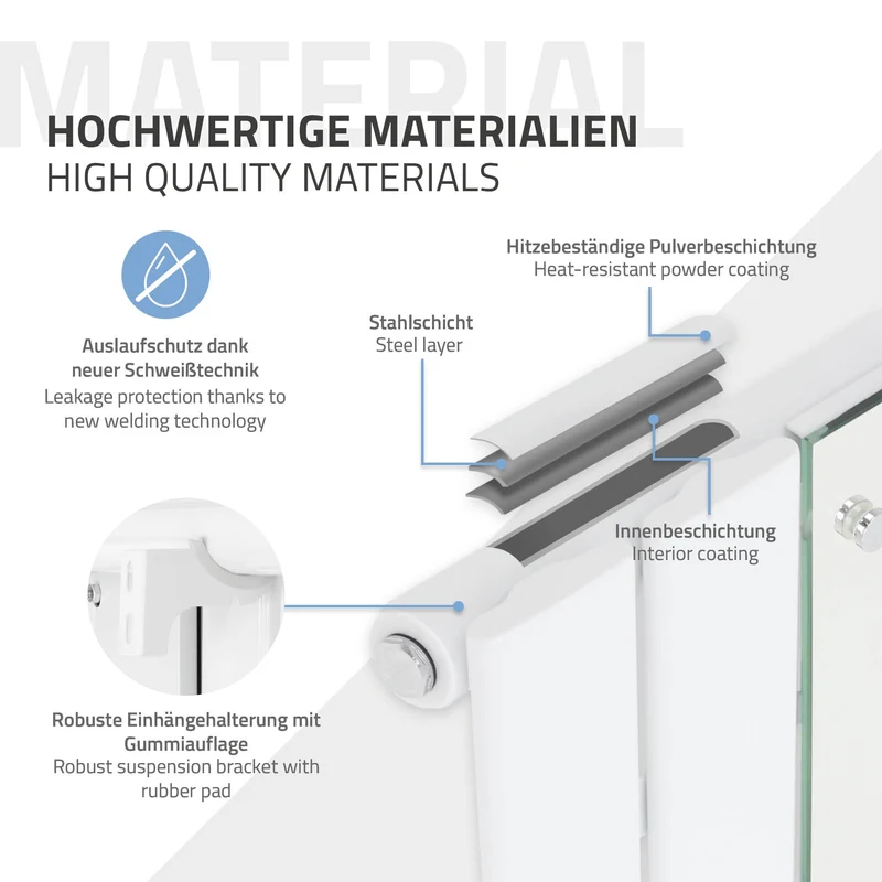 Badheizkörper Flach mit Spiegel und Heizstab 900W 1600x450 mm Weiß ML-Design