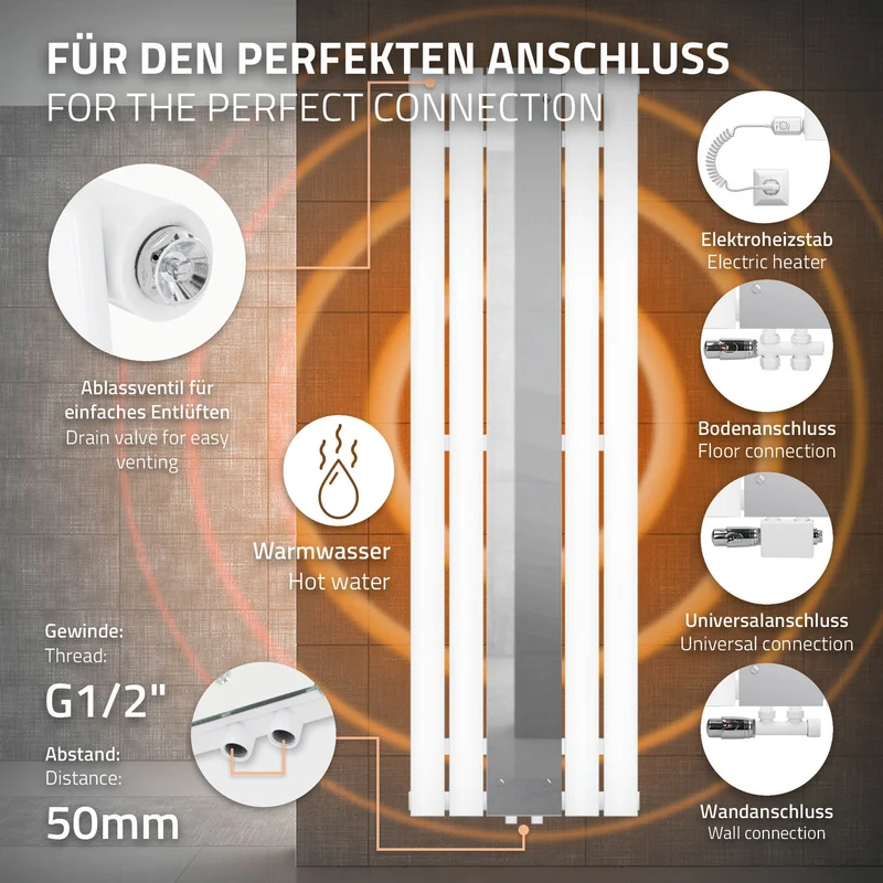 Badheizkörper Flach mit Spiegel und Heizstab 900W 1600x450 mm Weiß ML-Design
