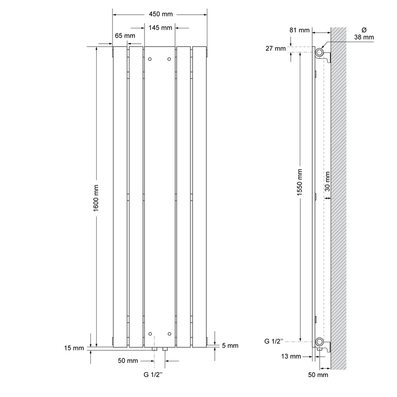 Badheizkörper Flach mit Spiegel und Heizstab 900W 1600x450 mm Weiß ML-Design