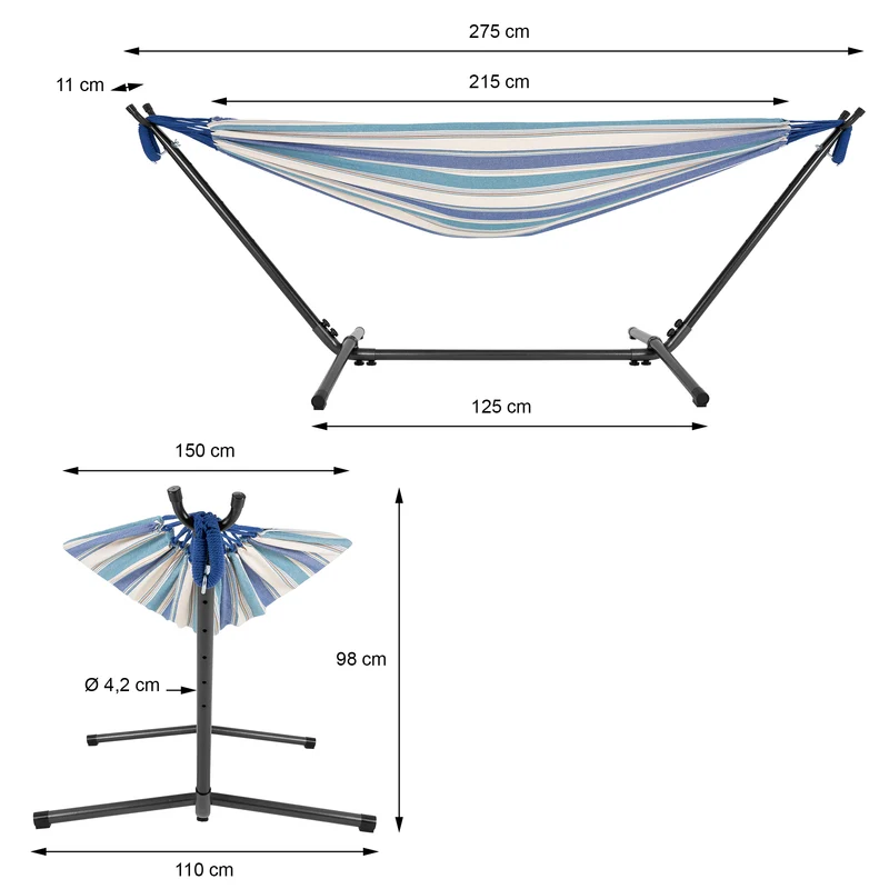 Hängematte XXL Blau/Weiß 275x110x98 cm mit Gestell aus Polyester-Baumwolle maximal belastbar 200kg ML-Design