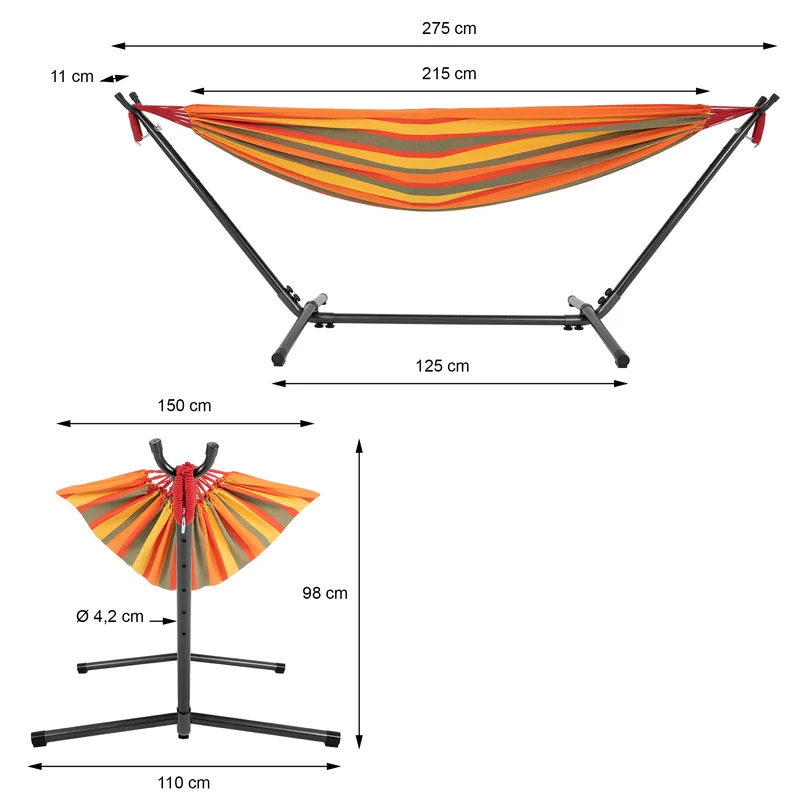 Hängematte XXL orange 275x110x98 cm mit Gestell aus Polyester-Baumwolle maximal belastbar 200kg ML-Design