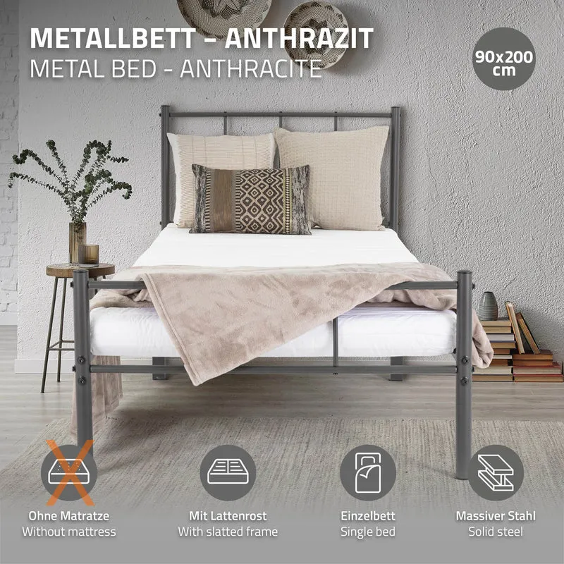 Bettgestell Einzelbett 90x200cm aus Metall in Anthrazit mit Lattenrost ML-Design