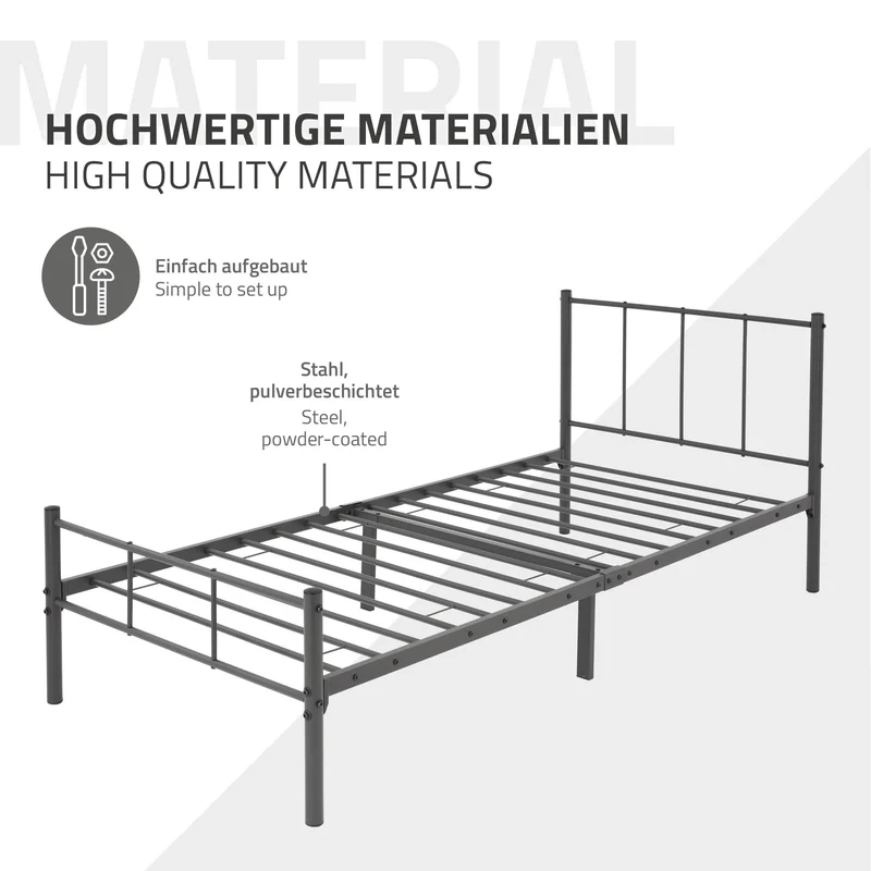 Bettgestell Einzelbett 90x200cm aus Metall in Anthrazit mit Lattenrost ML-Design