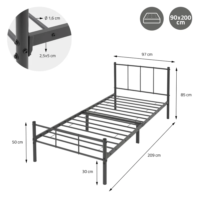 Bettgestell Einzelbett 90x200cm aus Metall in Anthrazit mit Lattenrost ML-Design