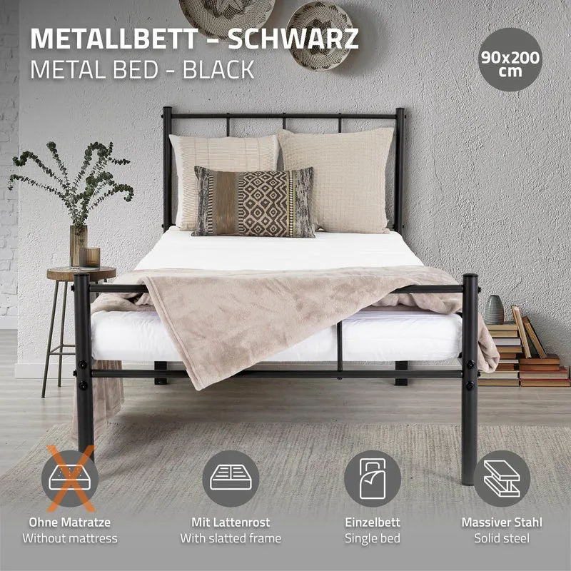 Bettgestell Einzelbett 90x200cm aus Metall in Schwarz mit Lattenrost ML-Design