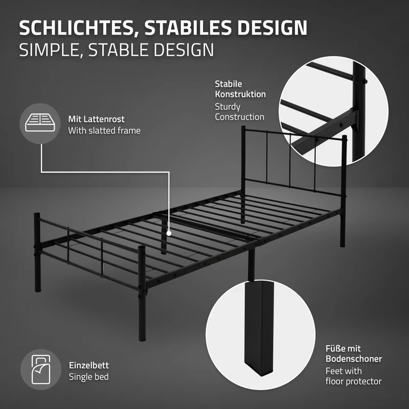 Bettgestell Einzelbett 90x200cm aus Metall in Schwarz mit Lattenrost ML-Design
