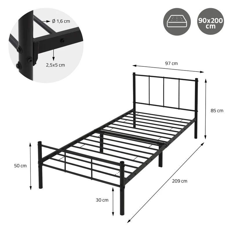 Bettgestell Einzelbett 90x200cm aus Metall in Schwarz mit Lattenrost ML-Design