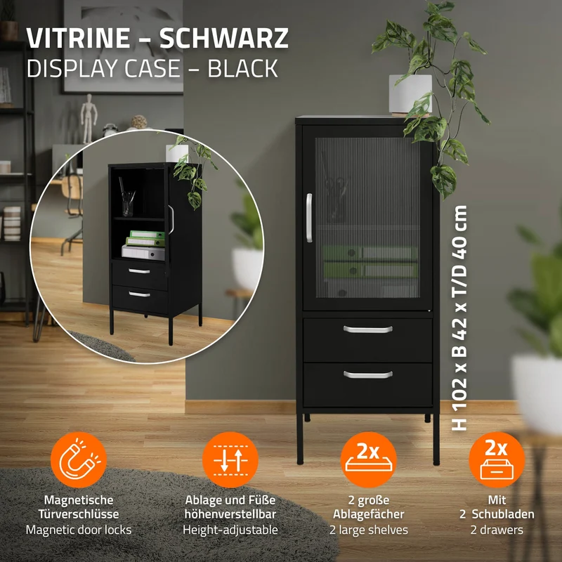 Vitrinenschrank 42x102x40 cm Schwarz aus Stahl Vitrine ML-Design
