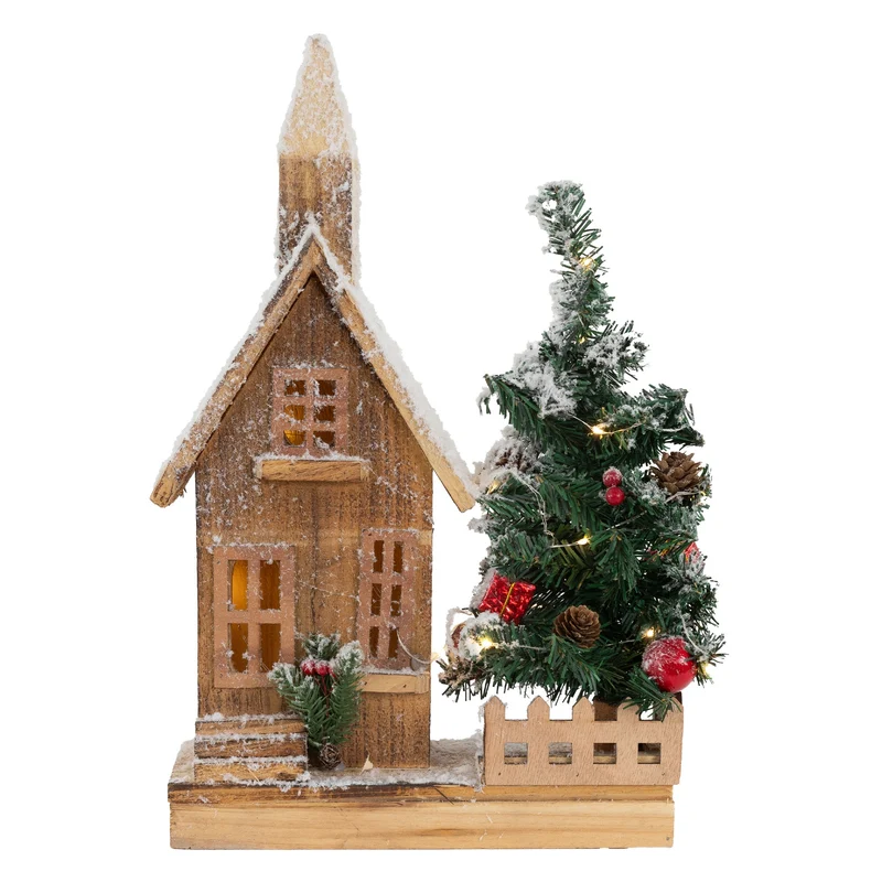 Deko Weihnachtshaus schneebedeckt mit LED Beleuchtung 44 x 27 cm aus Holz