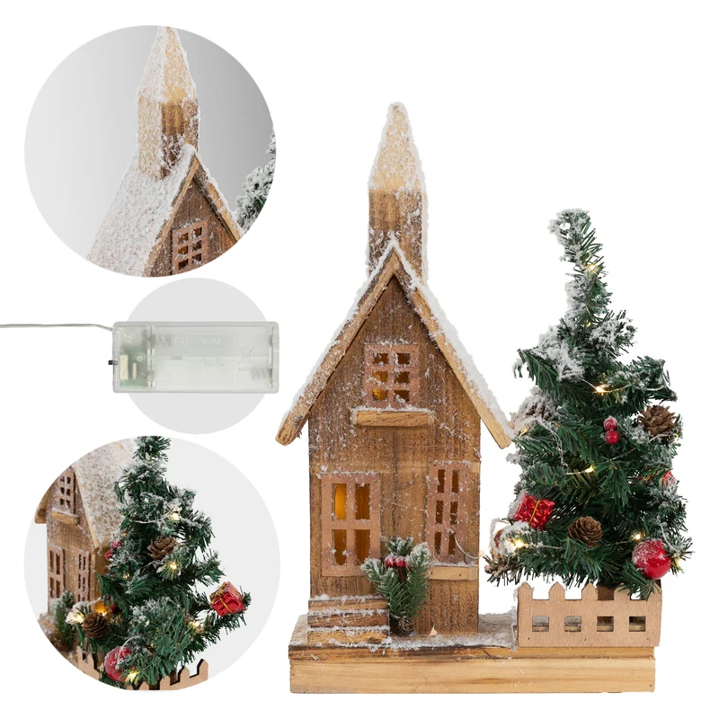 Deko Weihnachtshaus schneebedeckt mit LED Beleuchtung 44 x 27 cm aus Holz