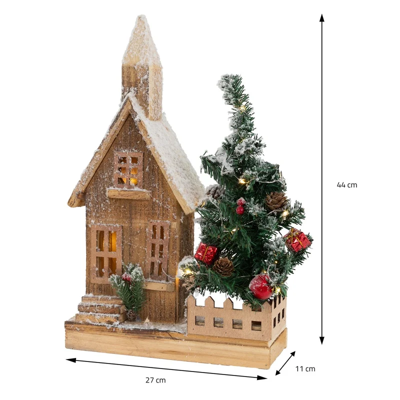 Deko Weihnachtshaus schneebedeckt mit LED Beleuchtung 44 x 27 cm aus Holz