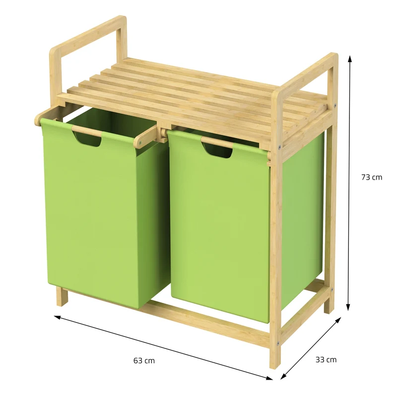 ML-DESIGN | Wäschekorb 2 Fächer 73x63x33 cm aus Bambus Grün Wäschesammler 2x30L Wäschesortierer mit Ablage Wäschebox für Badezimmer/Waschküche