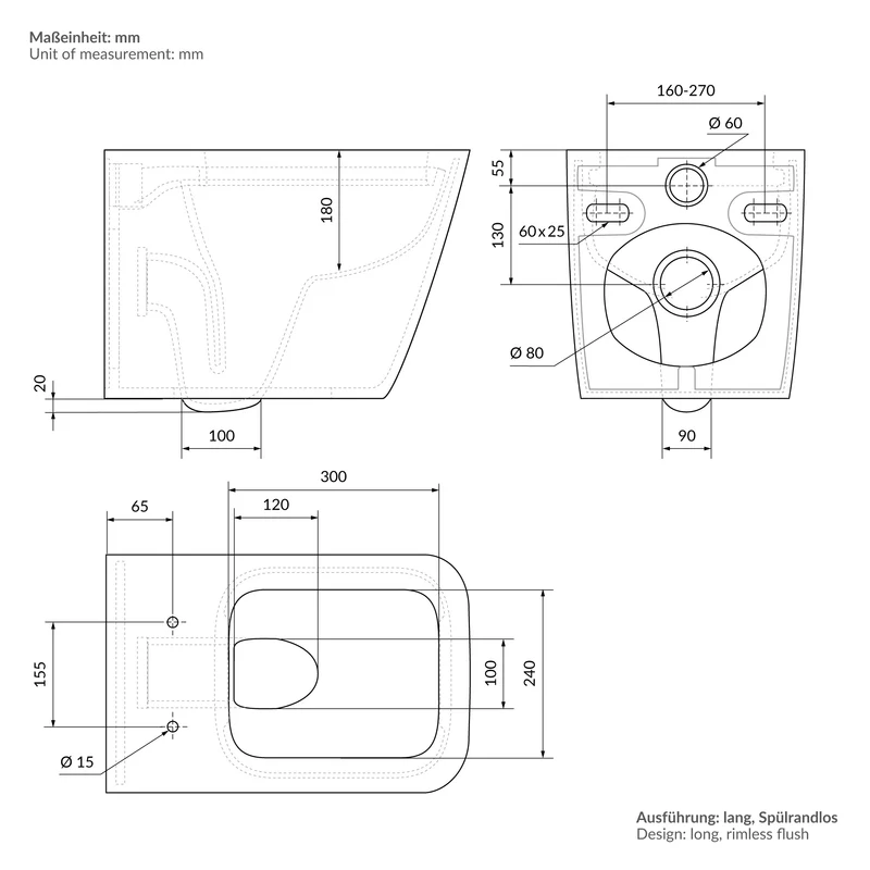 Wand-WC Hänge Toilette aus Keramik 52 cm lang Spülrandlos mit Softclose Luxebath