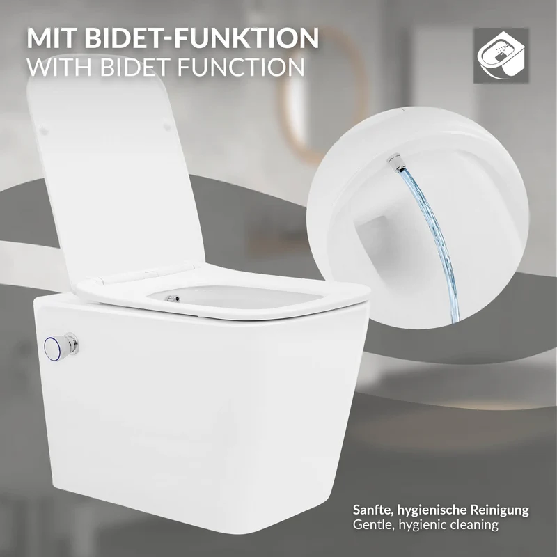 Wand-WC Hänge Toilette aus Keramik 52 cm lang Spülrandlos mit Bidet & Softclose Luxebath