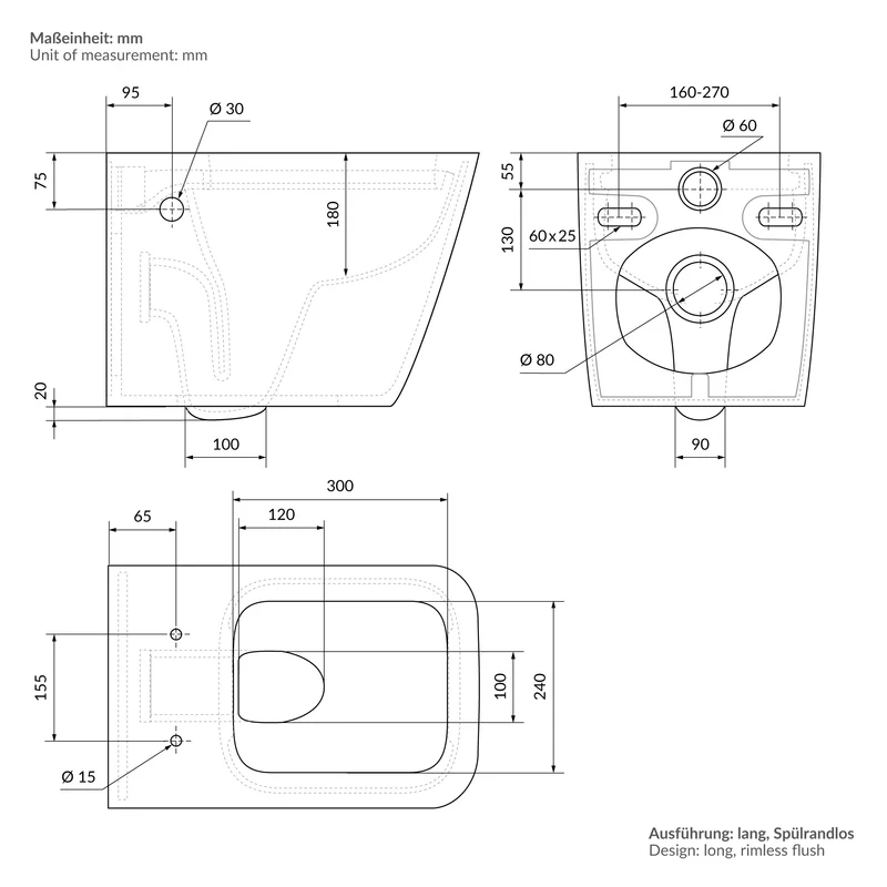 Wand-WC Hänge Toilette aus Keramik 52 cm lang Spülrandlos mit Bidet & Softclose Luxebath
