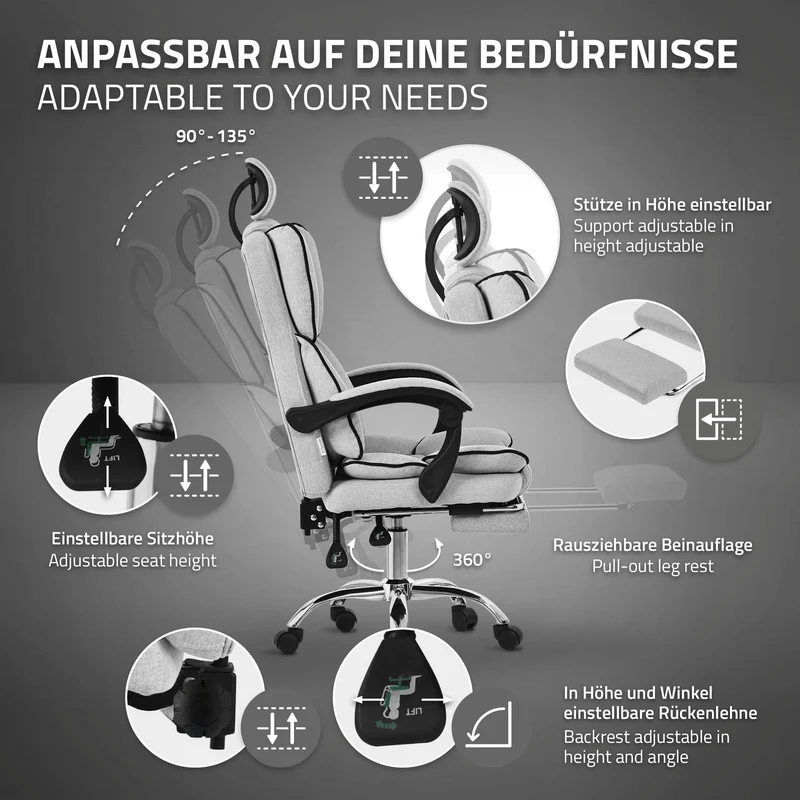 Chefsessel Bürostuhl höhenverstellbar Hellgrau mit höhenverstellbarer Rückenlehne und Fuß-& Kopfstütze bis 120 kg ML-Design